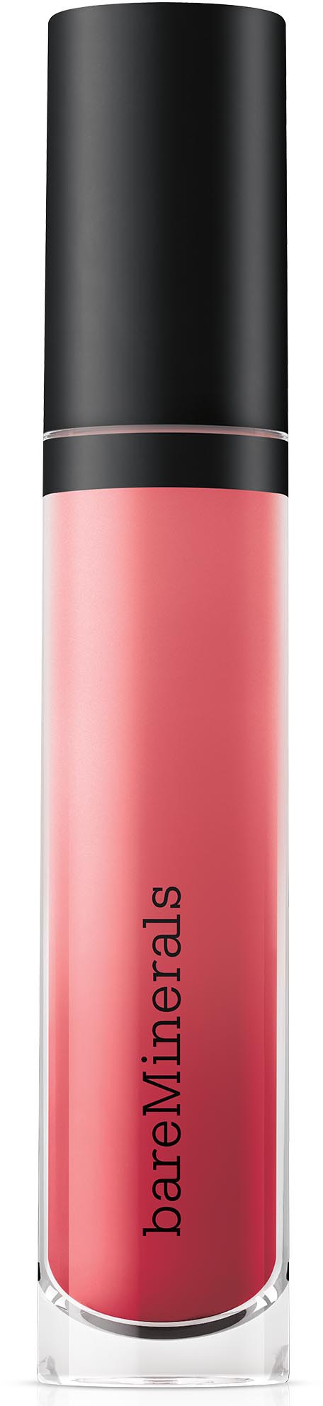 Ett rör med läppglans från bareMinerals med svart lock och rosa vätska inuti.
