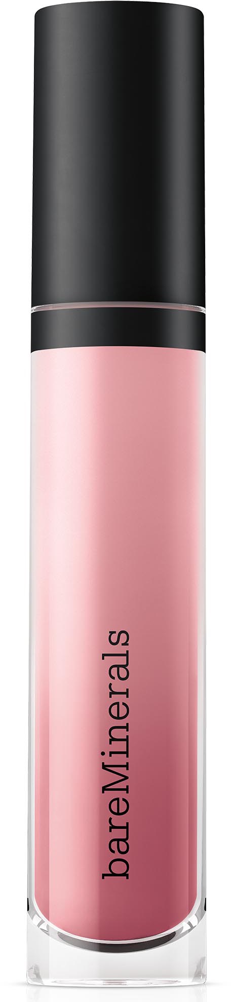 En läpplacksrör med svart lock och rosa vätska inuti, märkt 'bareMinerals'.