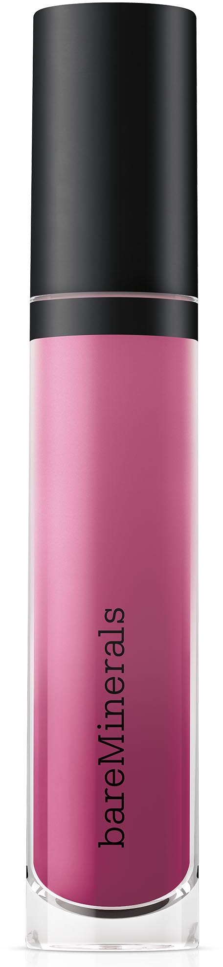 En tub med rosa läppstift med svart lock och 'bareMinerals'-märkning.
