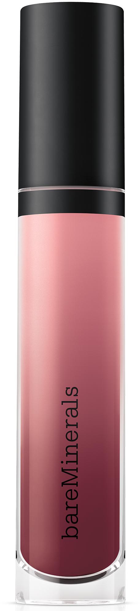 Ett rosa läppglans i en genomskinlig tub med svart lock, märkt BareMinerals.