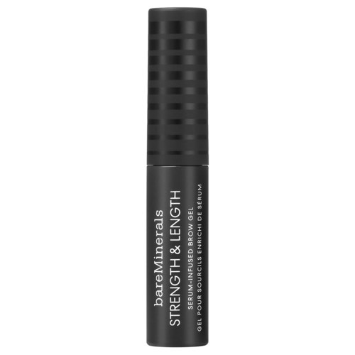 En svart tub med en textured huva, märkt "bareMinerals Strength & Length Gel Brow & Lash."