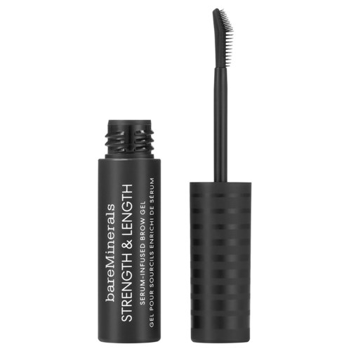 En svart tub med en borste, märkt "bareMinerals Strength & Length" brynserum och gel.