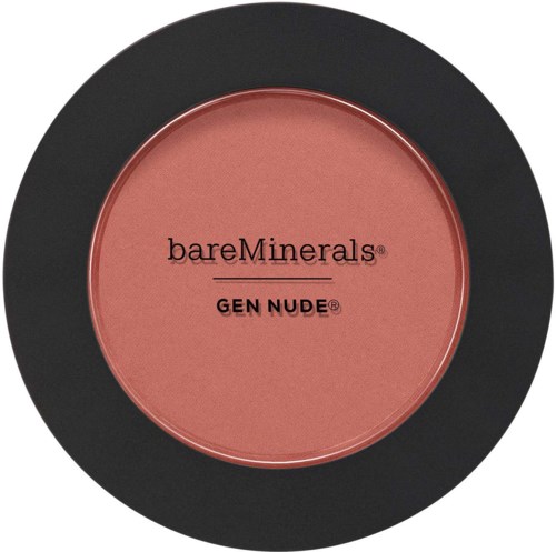 Okrągłe opakowanie różu, czarna obwódka, tekst "bareMinerals GEN NUDE".