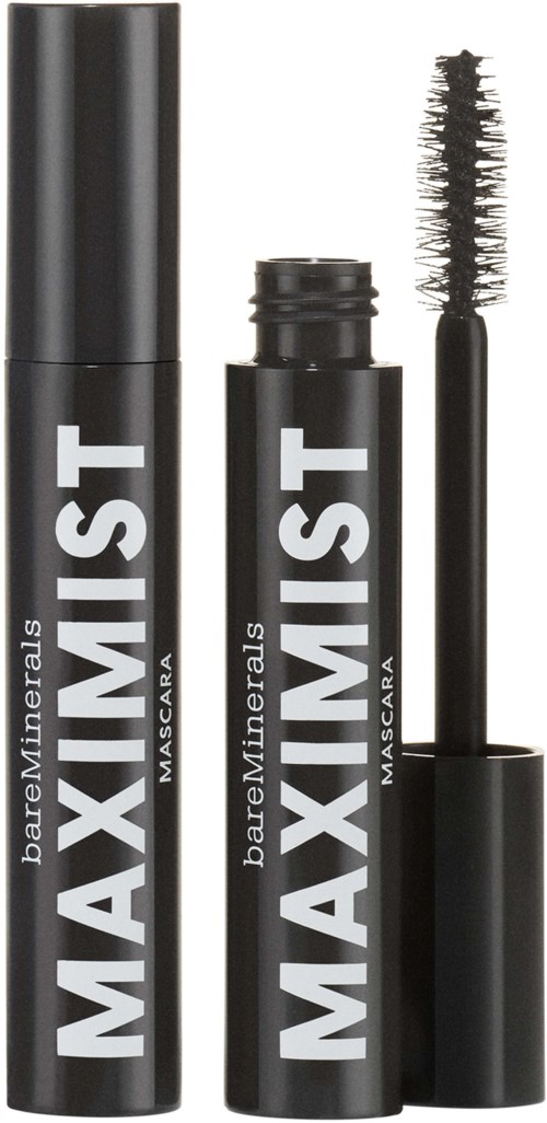 Two black mascara tubes, one with the cap on and one open, showing the brush. Labels read "bareMinerals MAXIMIST Mascara."