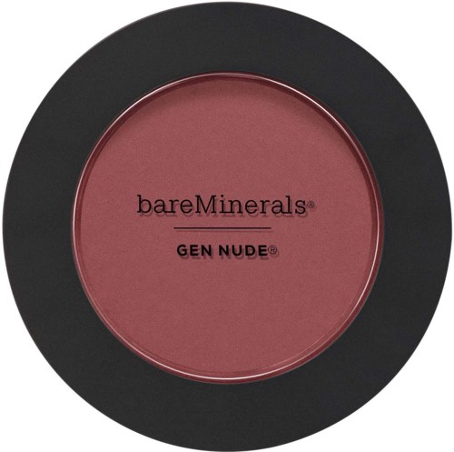 En rund makeup blush beholder med sort ydre kant og pinkfarvet indeni. Etiketten siger 'bareMinerals GEN NUDE'.