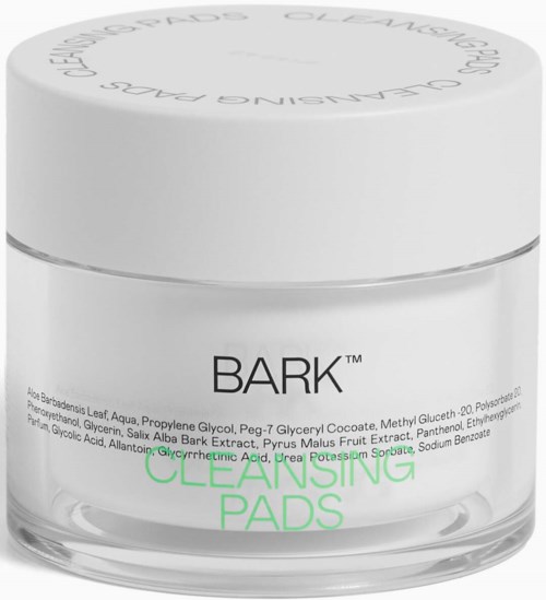 Ein Behälter mit Bark Reinigungs pads, weißer Deckel und Etikett mit Inhaltsstoffen und Produktdetails.
