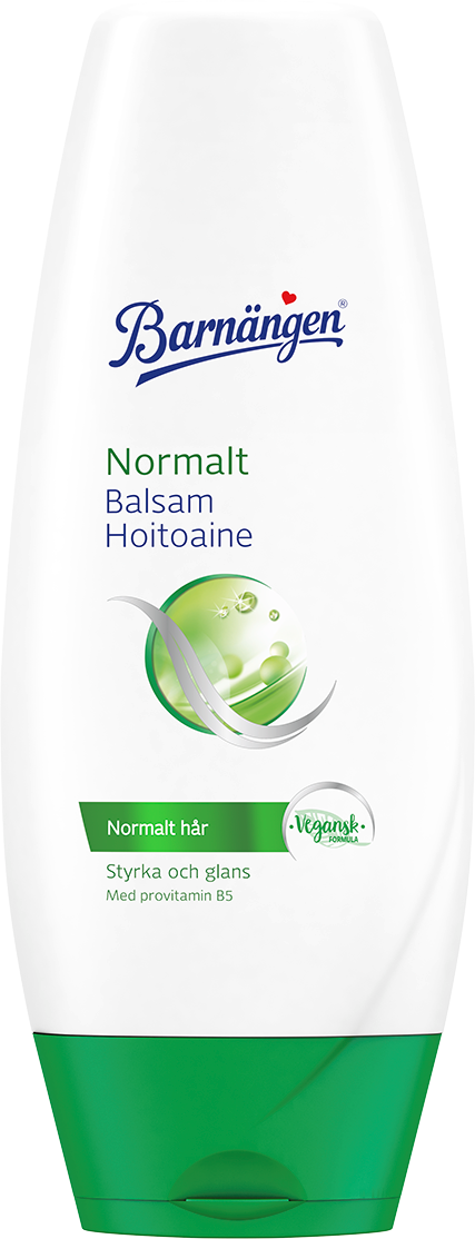 En hvid og grøn flaske med børneshampoo med svensk tekst og en logo, inklusive en grøn cirkel og vandbølge.