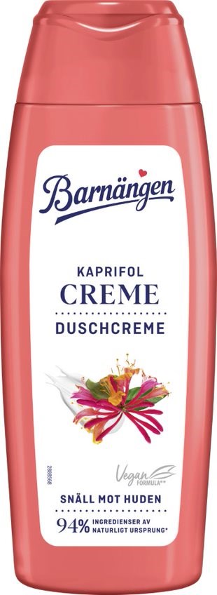 Rubinrosa flaska med barnschampo med blommiga illustration och text om naturliga ingredienser.