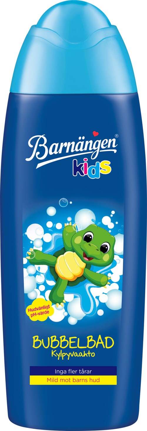 En blå flaska med bubbelbad, med en tecknad groda på, avsedd för barns skonsamma användning.