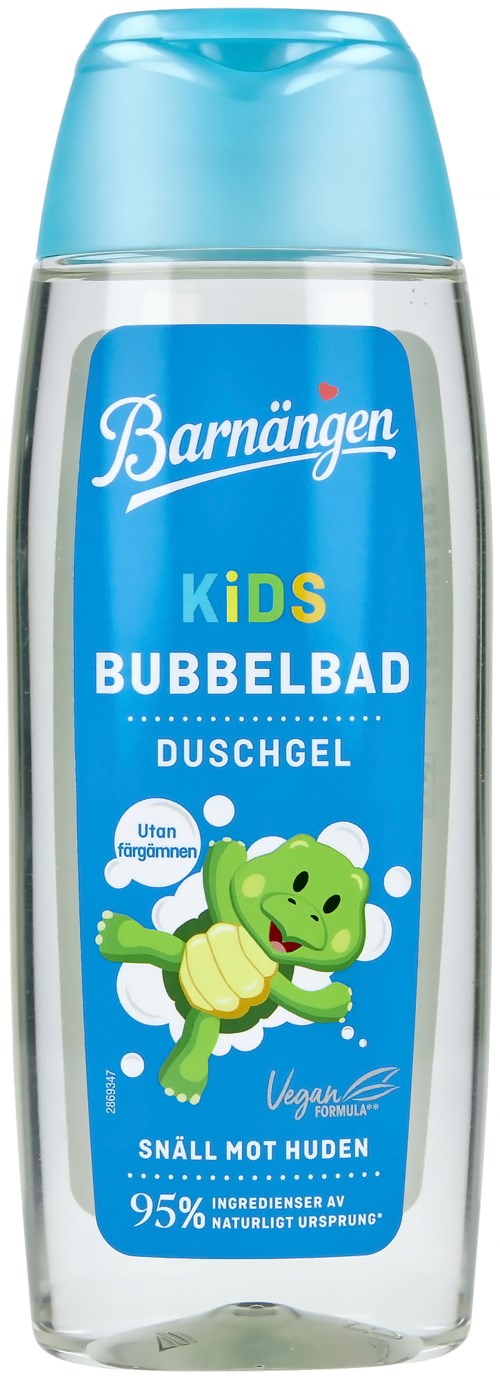En tydlig plastflaska med blått lock och etikett, med en söt grön sköldpadda och text på svenska.
