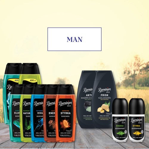 Två hyllor har olika duschgeler och deodorant, med en skylt märkt 'MAN' ovanför.