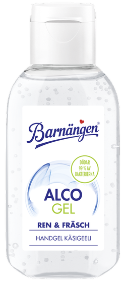 En klar flaska handdesinfektionsgel med vit kork, märkt 'Barnängen ALCO GEL' för handrengöring.