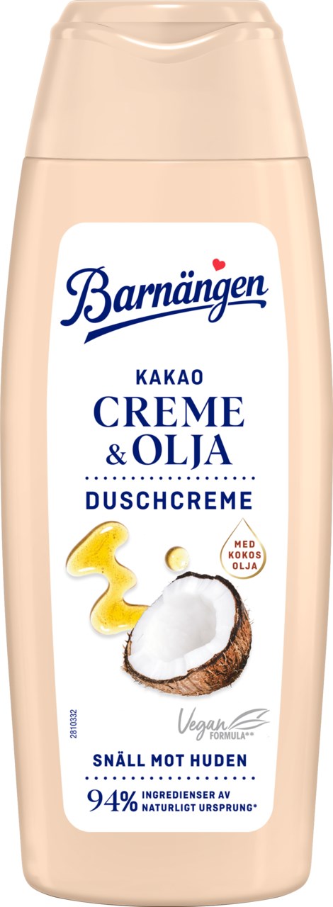 Babygannas kakaobräck och olja duschgel i en beige flaska med vit etikett som visar kokos och skum.