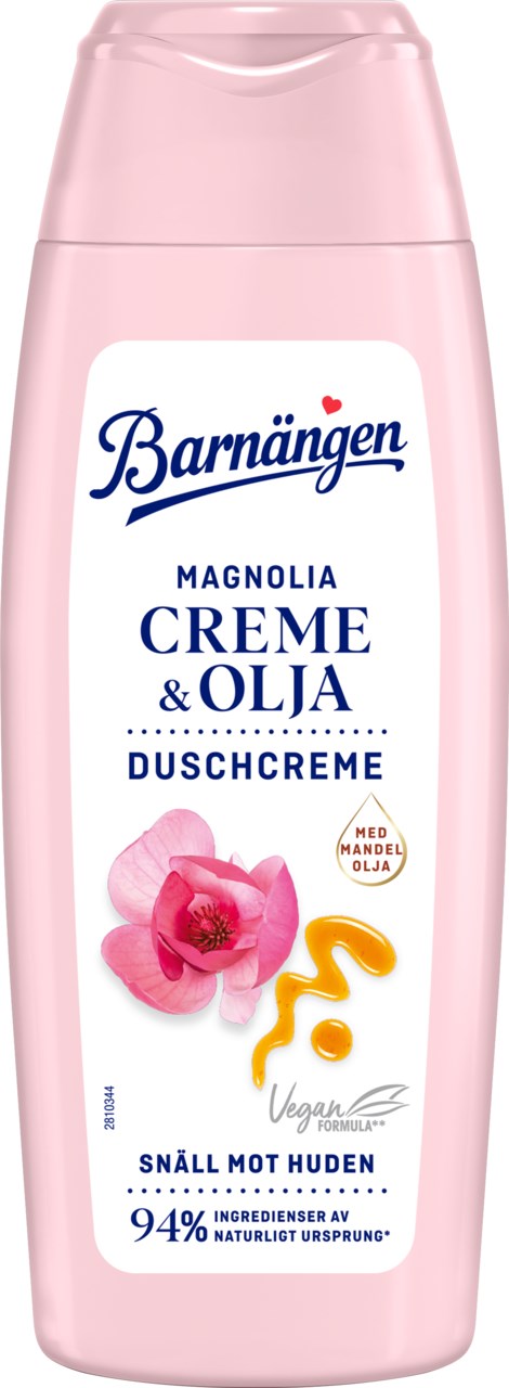 Rosafärgad flaska med 'Barnängen' och text om magnolia, cremet och olja för dusch, visar en orkidé och oljedroppar.