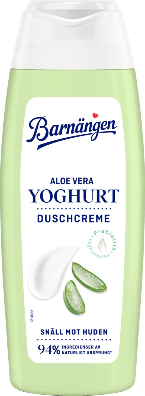 En grön flaska av Barnängen Aloe Vera Yoghurt duschcreme med bilder av aloe vera och vit grädde.