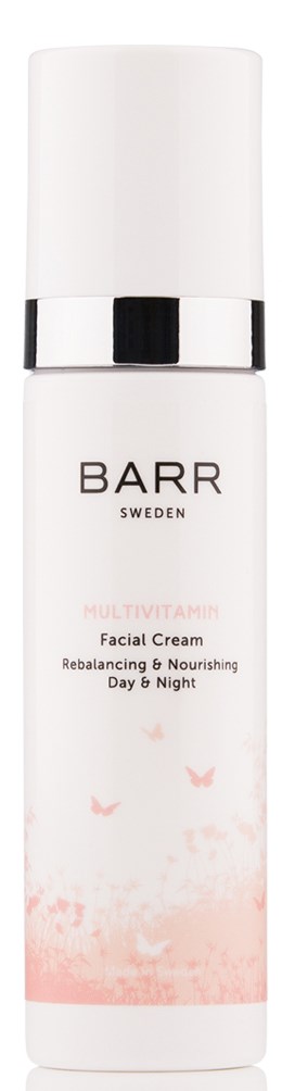 En hvit flaske med ansiktskrem med svart og sølv topp, merket 'BARR Sweden' og 'Multi Vitamin Facial Cream'.