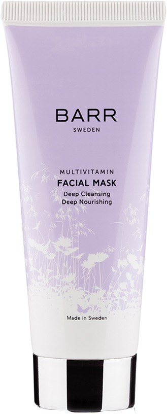 En lavendelfarget tube av BARR Sweden ansiktsmaske med svart og sølv lokk, merket for dyprens og næring.