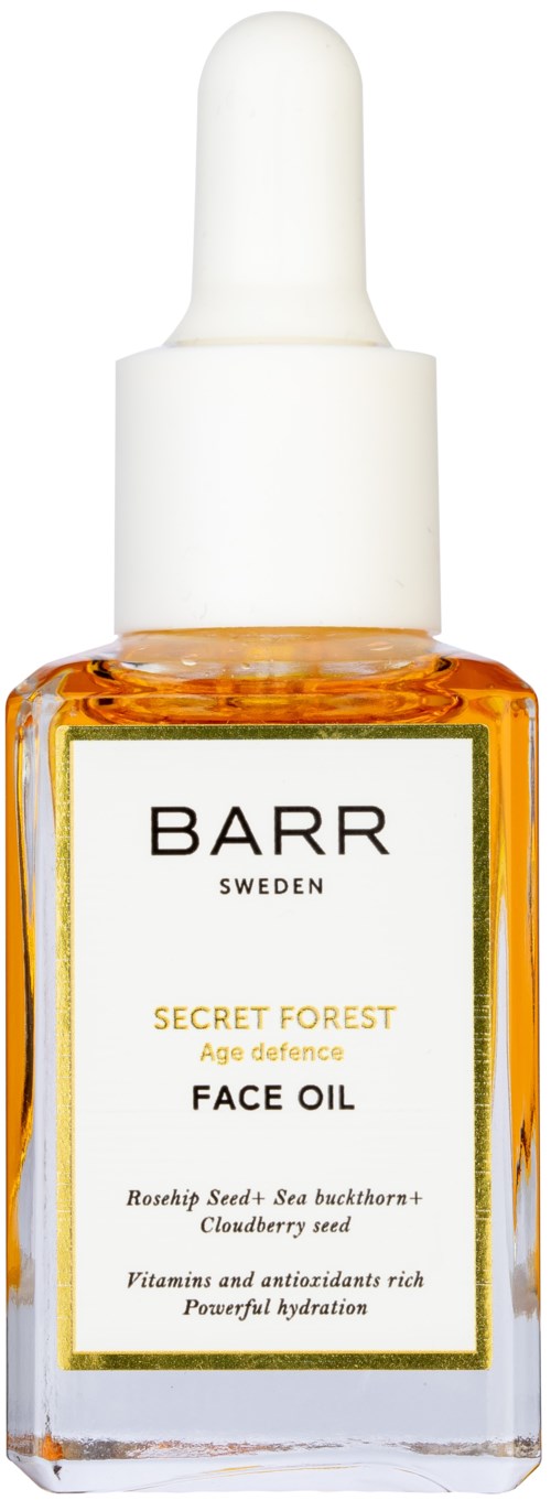 En liten glassflaske med pipette, merket 'BARR Sweden' ansiktsolje med ingredienser oppført.