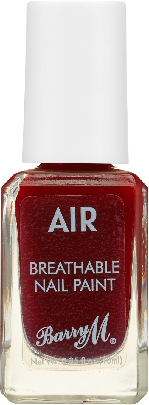 A red nail polish bottle with white cap, labeled 'AIR Breathable Nail Paint' by Barry M.