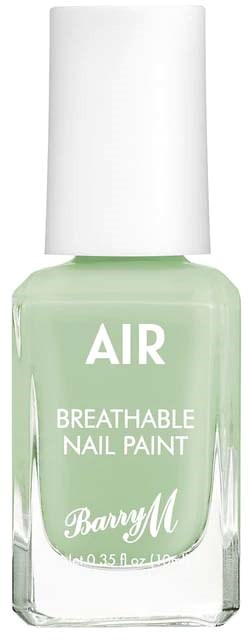 Light green nail polish in a clear bottle with white cap, labeled 'Air Breathable Nail Paint' by Barry M.