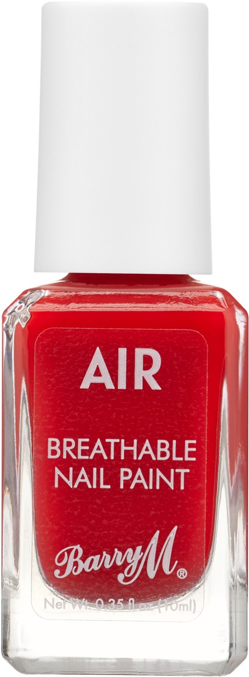 A red nail polish bottle labeled 'Air Breathable Nail Paint' by Barry M, with a white cap.