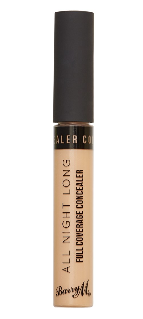 Ett concealer-rör med svart lock och beige kropp, märkt 'ALL NIGHT LONG' och 'FULL COVERAGE CONCEALER'.