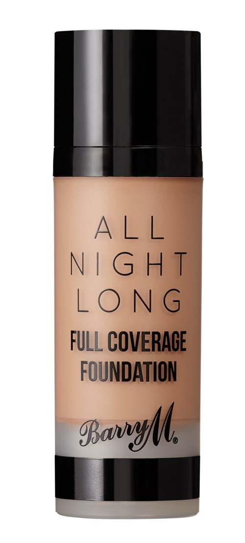 En foundationflaske mærket 'All Night Long Full Coverage Foundation' af Barry M. Den er beige med sort låg.