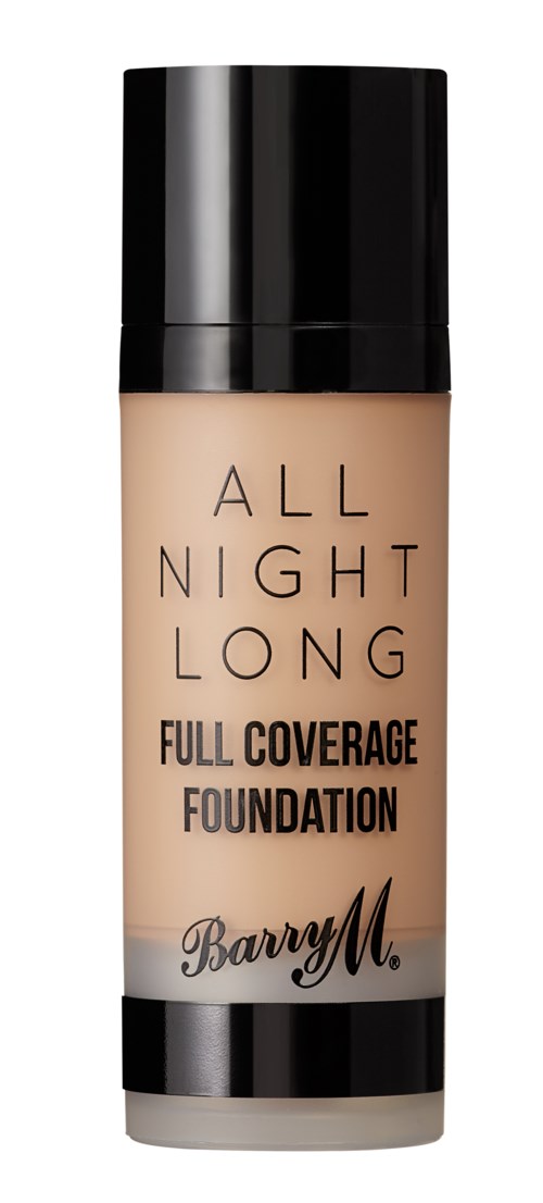 En flaske foundation mærket 'All Night Long' med sort låg og beige væske indeni.