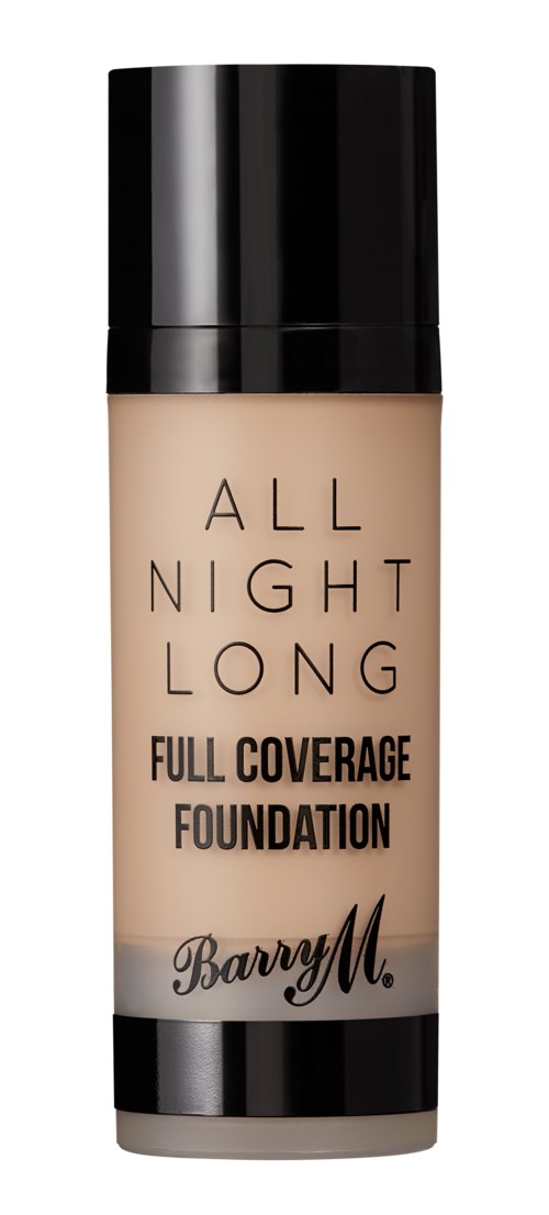 En beige flaske af Barry M All Night Long foundation med sort låg, mærket med produktnavn og beskrivelse.