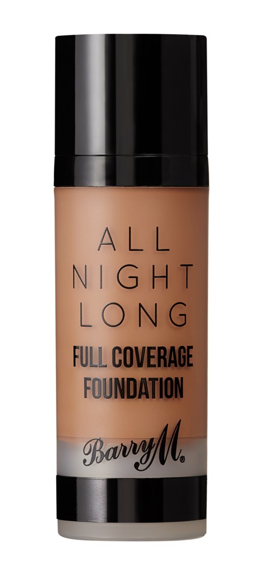 En flaska med Barry M-foundation märkt "All Night Long Full Coverage Foundation" med svart lock.