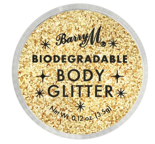 En liten behållare med biologiskt nedbrytbar, guldfärgad glitter med svart text och stjärnsymboler, märkt 'Barry M'.
