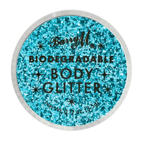 Blå glitter i en rund behållare märkt 'Biodegradable Body Glitter' av Barry M.