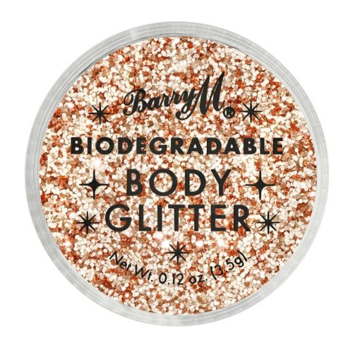 Biologiskt nedbrytbar kroppsglitter med rosa, orange och vitt glitter i en rund behållare. Etiketten har svart text.