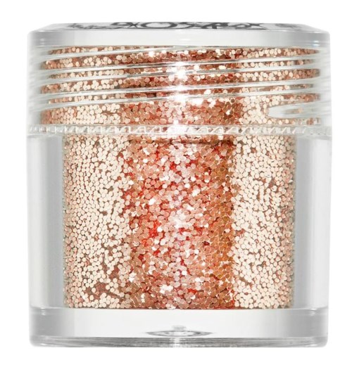 Liten burk med roséguldglitter, klar behållare, glänsande och skinande utseende.