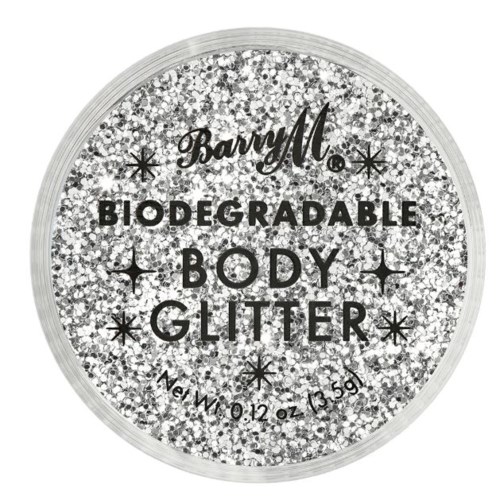 En rund behållare med biologiskt nedbrytbar kroppsglitter, med silverglitter och fet svart text på etiketten.