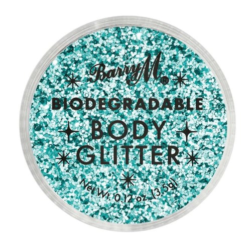 En rund behållare med turkost glitter påstår sig vara biologiskt nedbrytbart kroppsglitter av Barry M, 1,2 ounce.