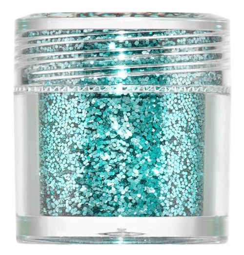 En liten burk fylld med glittrande turkosglitter. Karret har ett klart, ribbat lock. Glittret glittrar starkt inuti.
