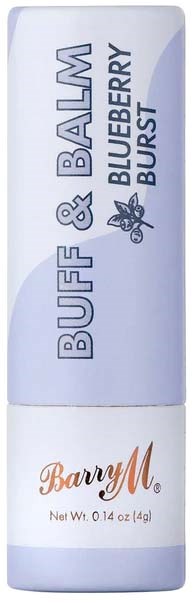 En leppepompe merket "Buff & Balm Blueberry Burst" med merkenavn "Barry M" og liten tekst som indikerer vekt.
