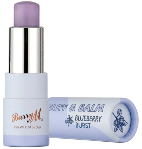 Leppepommetube med lavendelfarget balsam, merket "Barry M" og "Blueberry Burst".