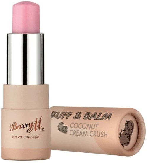 Leppepomme i beige tube med rosa hette, merket "Barry M" og "Coconut Cream Crush."