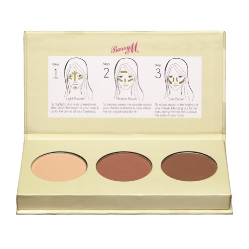 Makeup-Palette mit drei Farben und Anweisungen zur Augenbrauenanwendung in drei Schritten.