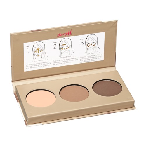 De afbeelding toont een make-up palet met drie tinten en instructies voor het aanbrengen op het gezicht.