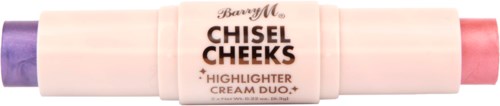 Korostustuotteiden duo, jossa on kätevä kerma, nimeltä "Chisel Cheeks" Barry M:ltä, violetti ja pinkki pakkaus.