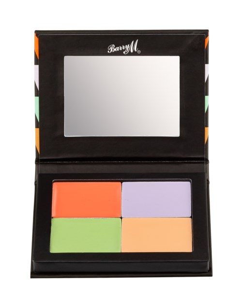 Makeup-Palette mit vier Pastellfarben und Spiegel in einem schwarzen Gehäuse.
