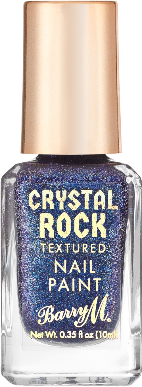 En liten glasflaska med blå glitternagellack, guldlock och vit text. Märket är Barry M.
