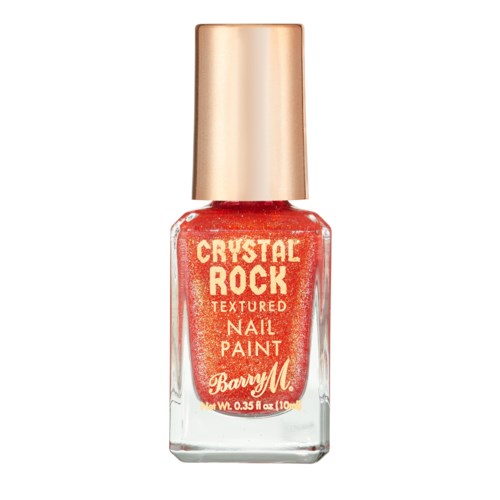 En liten flaska med röd glittrig nagellack med guldkork. Den är märkt "Crystal Rock" av Barry M.