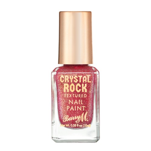 En flaska glitterrosa nagellack med guldlock, märkt 'Crystal Rock Textured Nail Paint'.