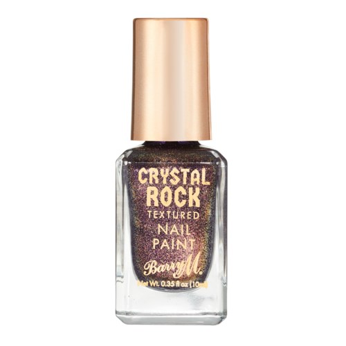 En liten glasflaska med Barry M nagellack, guldkork och glitterlila lack inuti.