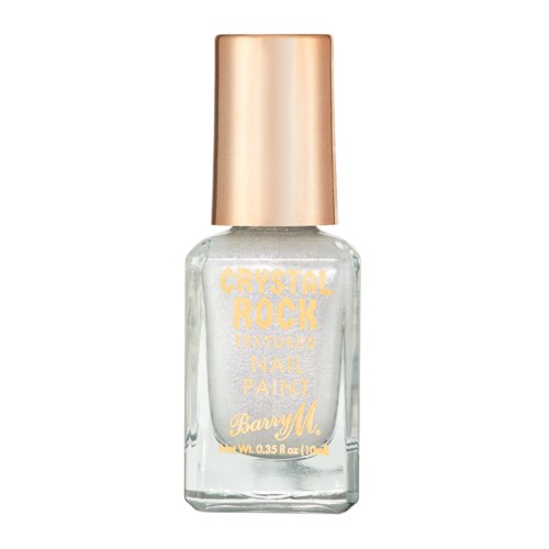 En nagellackflaska med guldlock och vit glitterfärg. Etiketten säger 'Crystal Rock' och 'Barry M.'