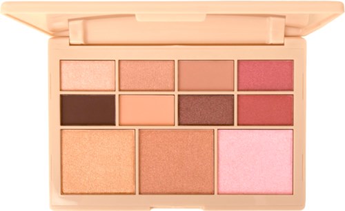En palett med flere nyanser av rosa, brunt og beige til sminke. Kompakt med speil inni lokket.